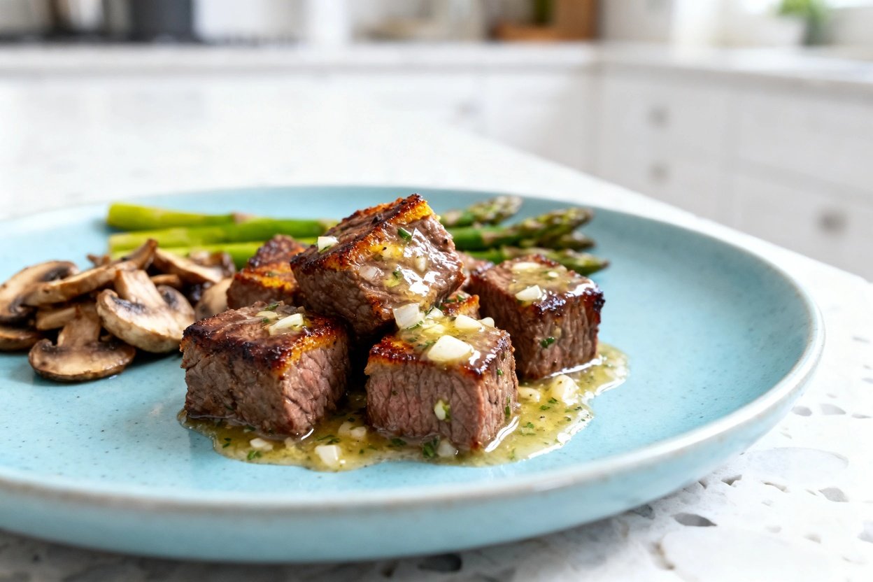  shot at ~30–45° of the same plated keto garlic butter steak bites on the identical light blue ceram