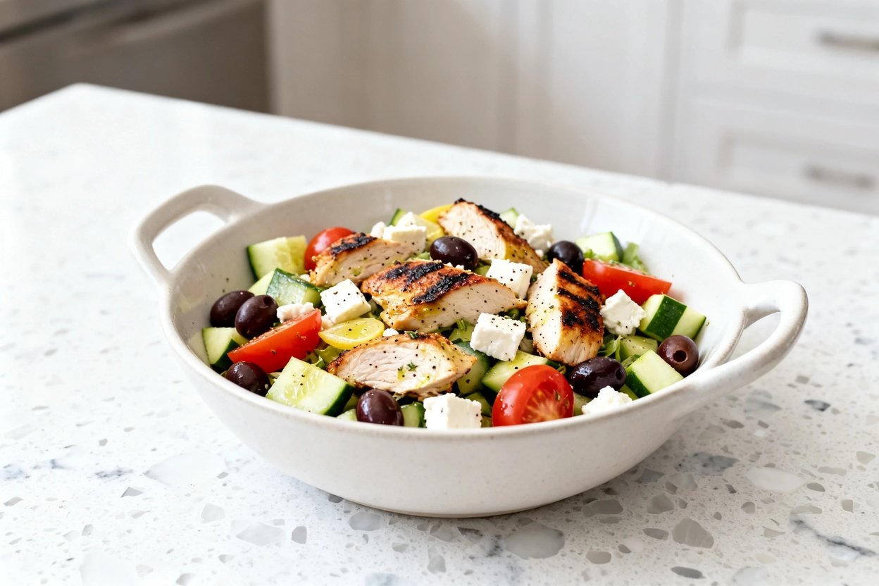 bout 30–40 degrees) realistic food photo of the exact same finished Keto Greek Salad with fire-roast