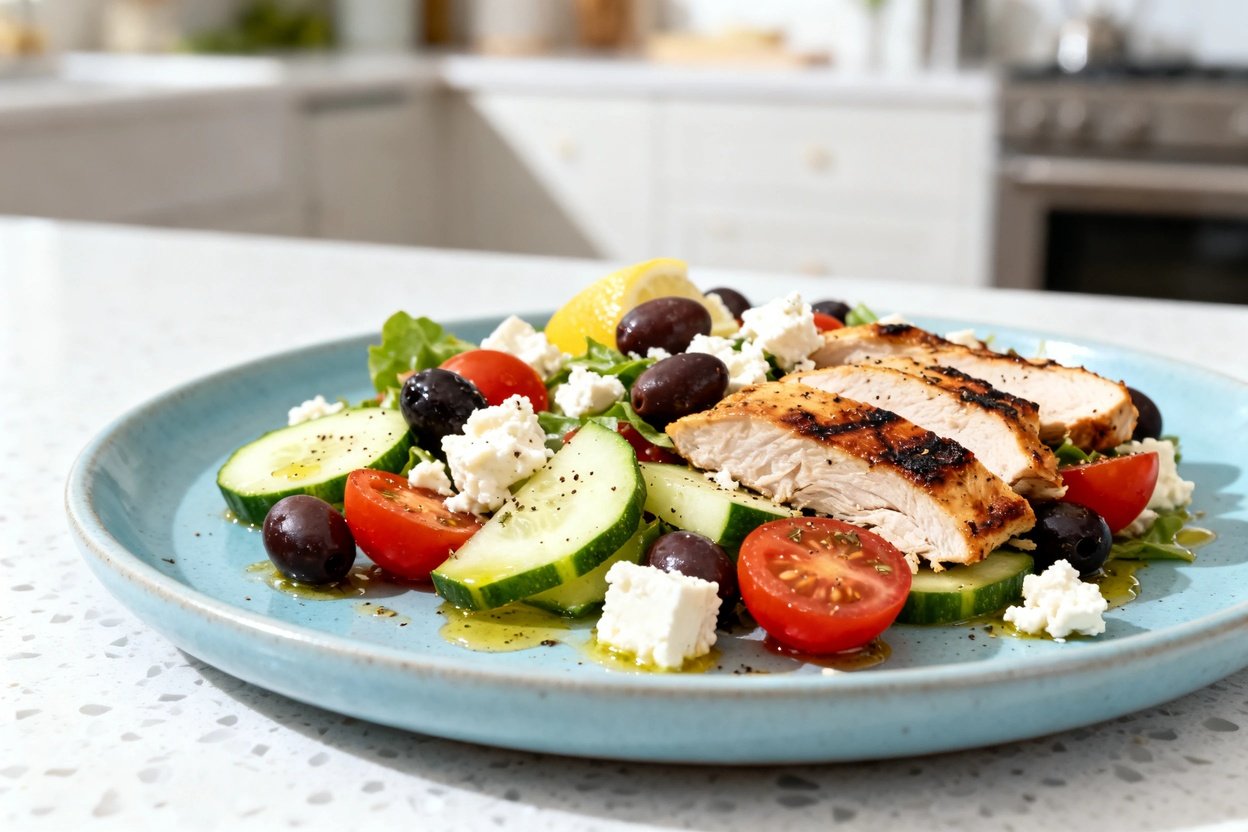 shot (about 30–45 degrees) of the same single serving Keto Greek Salad with fire-roasted chicken pl