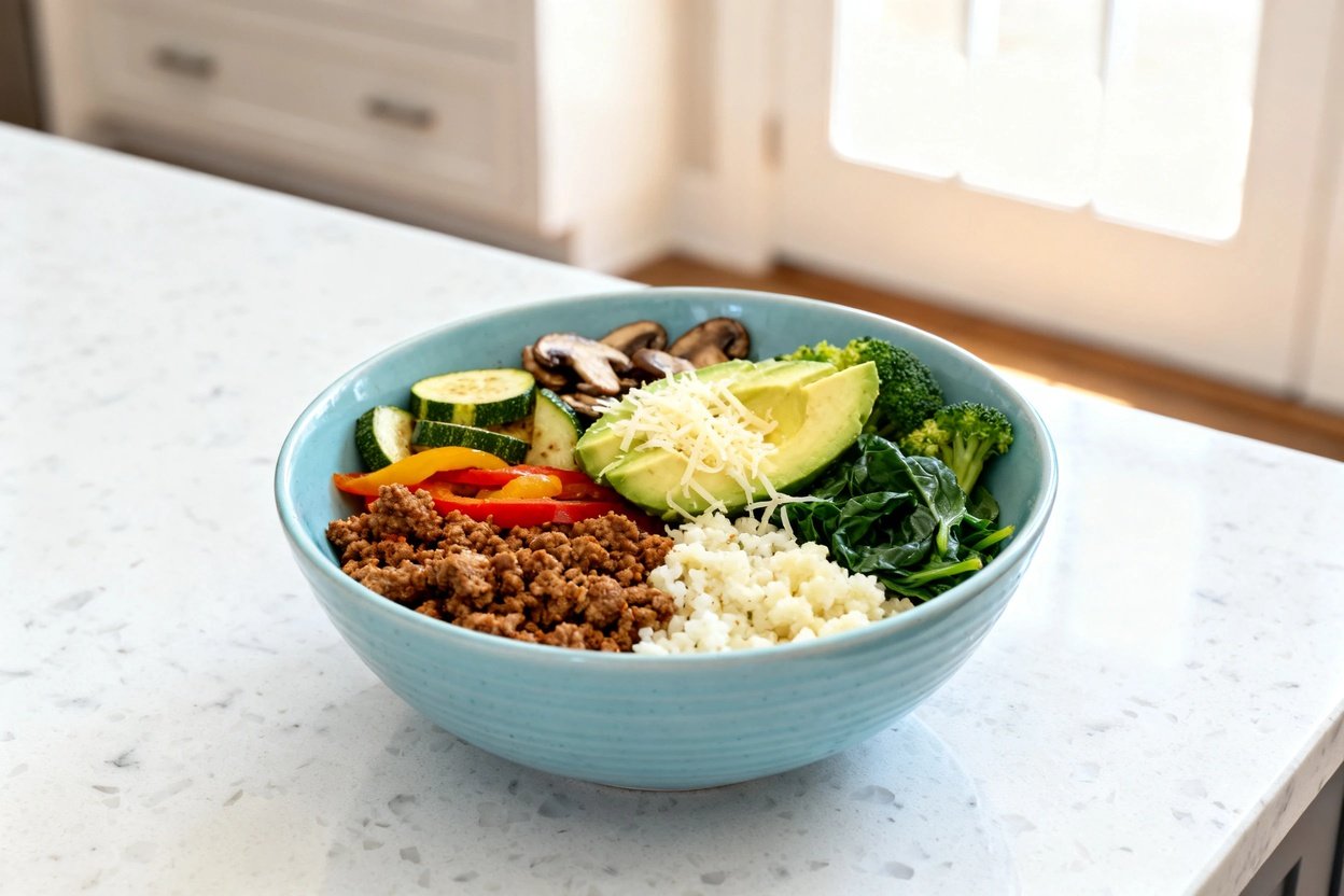 mera perspective (about 30–40 degrees) showing the same finished Keto Ground Turkey Meal Prep Bowl,
