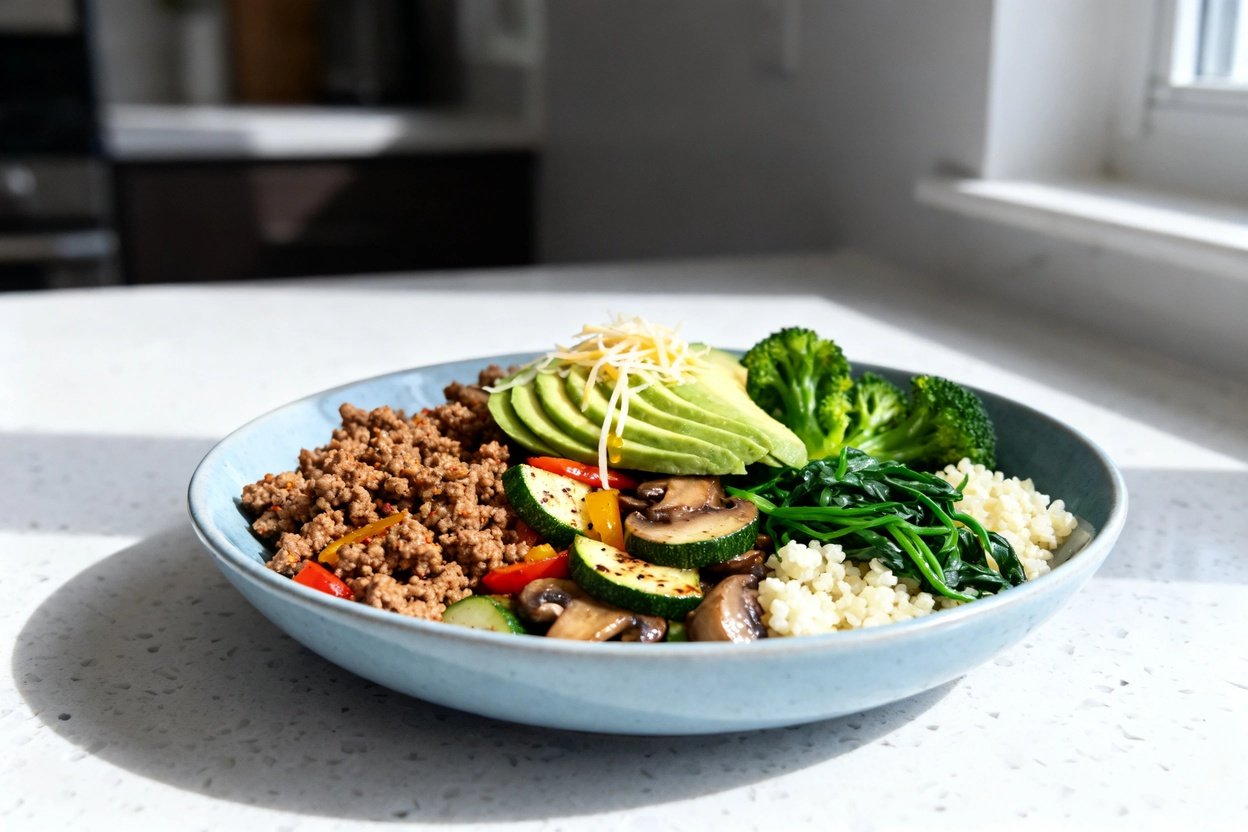 shot (about 30–45 degrees) of the same plated Keto Ground Turkey Meal Prep Bowl on the same light b