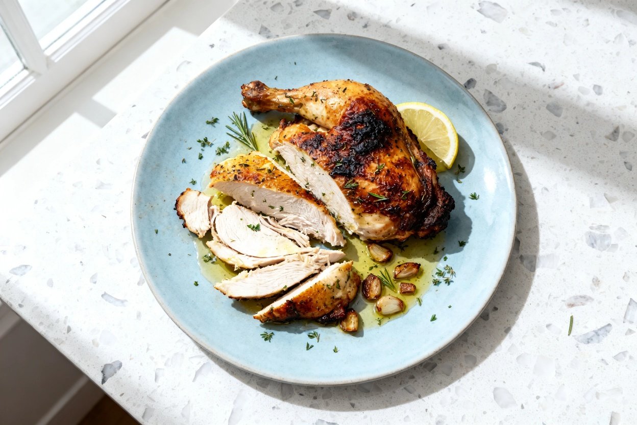 top-down food photo of a single serving of keto lemon herb roasted chicken: several carved pieces fr