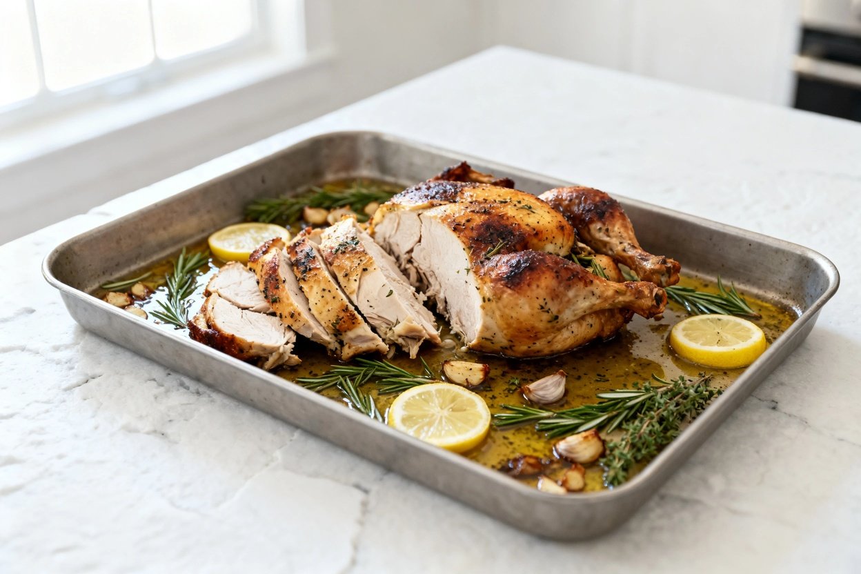 –40 degree view of the same finished keto lemon herb roasted chicken, shown in the final roasting pa