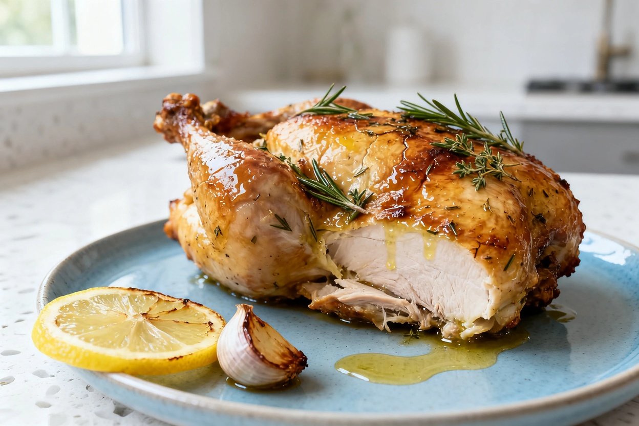  shot at 30–45 degrees of the same plated serving of keto lemon herb roasted chicken on the same lig