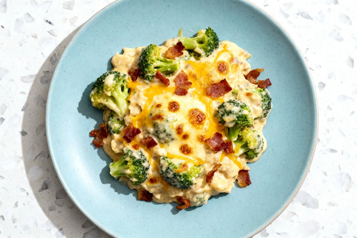 top-down food photo of a single serving of Keto Loaded Broccoli Casserole: a thick, creamy baked cas