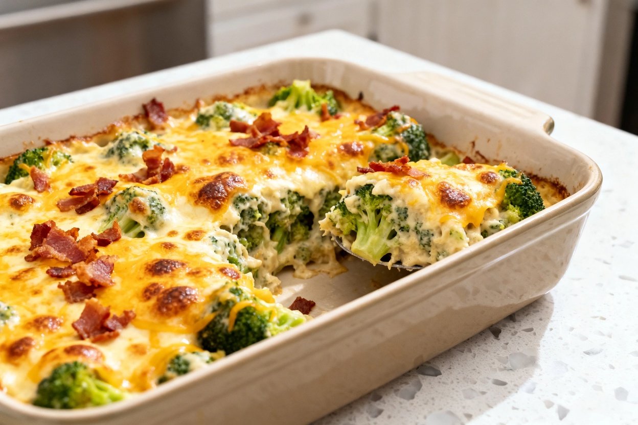bout 30–40 degrees) realistic food photo of the same Keto Loaded Broccoli Casserole from the same co