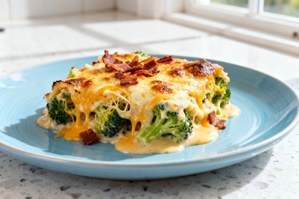  shot (about 30–45 degrees) of the same single plated serving of Keto Loaded Broccoli Casserole on t