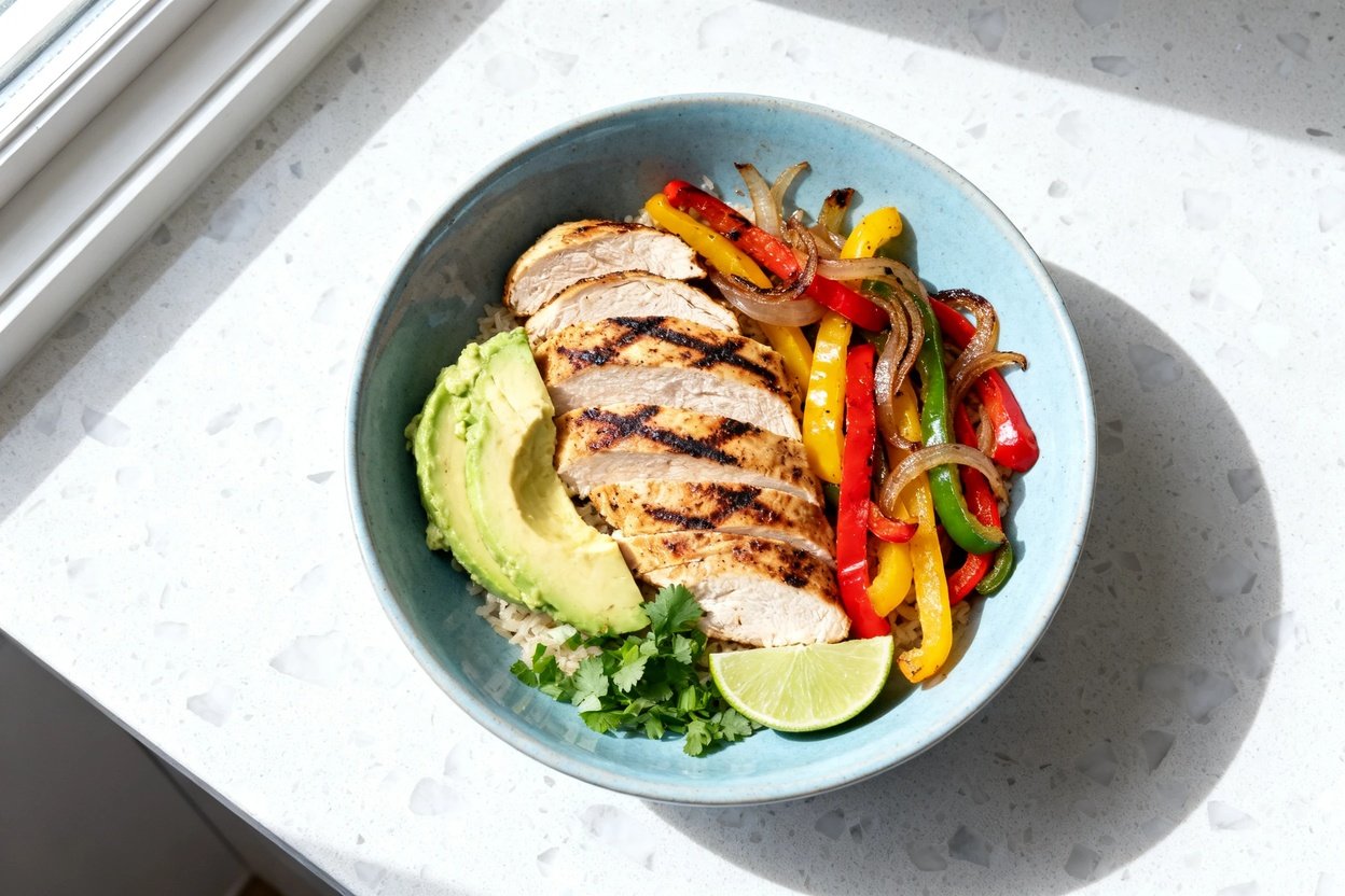 top-down food photo of a single serving low-carb grilled chicken fajita bowl on a light blue cerami