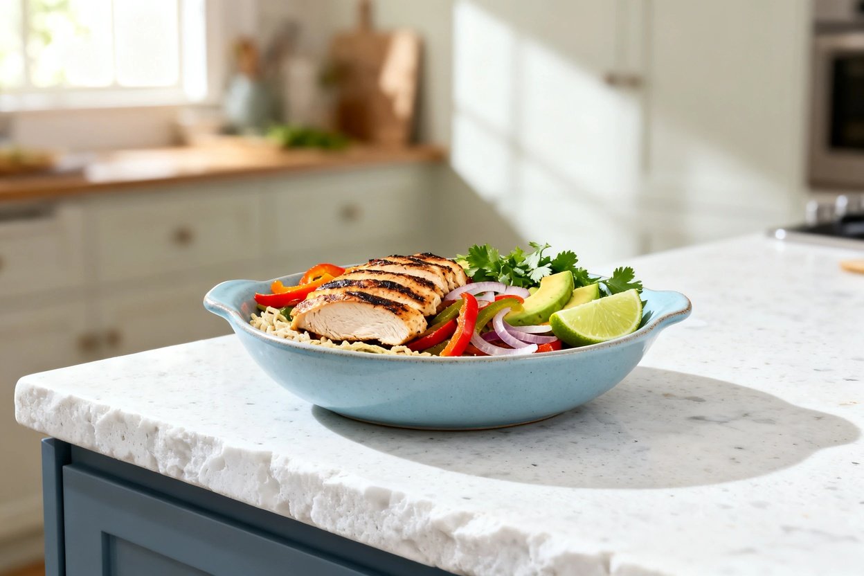 bout 30–40 degrees) realistic food photograph of the exact same finished low-carb grilled chicken fa