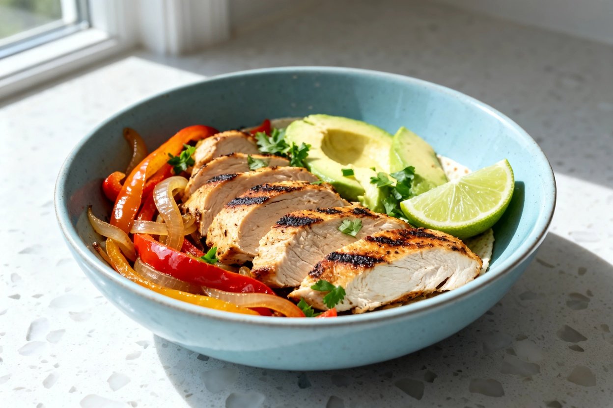 shot (about 30–45 degrees) of the same finished low-carb grilled chicken fajita bowl on the same li
