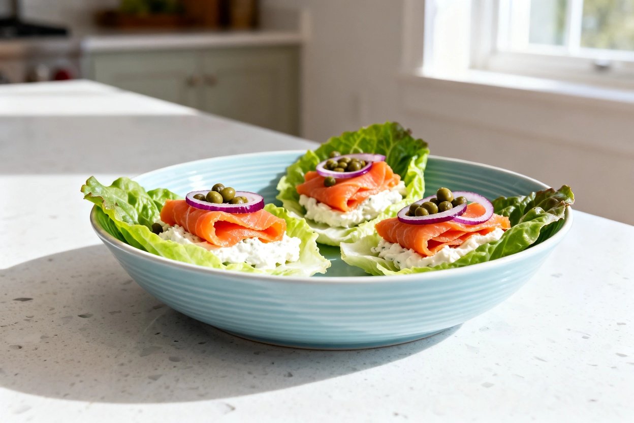 mera perspective (~35 degrees) showing the exact same finished smoked salmon lettuce wraps and same