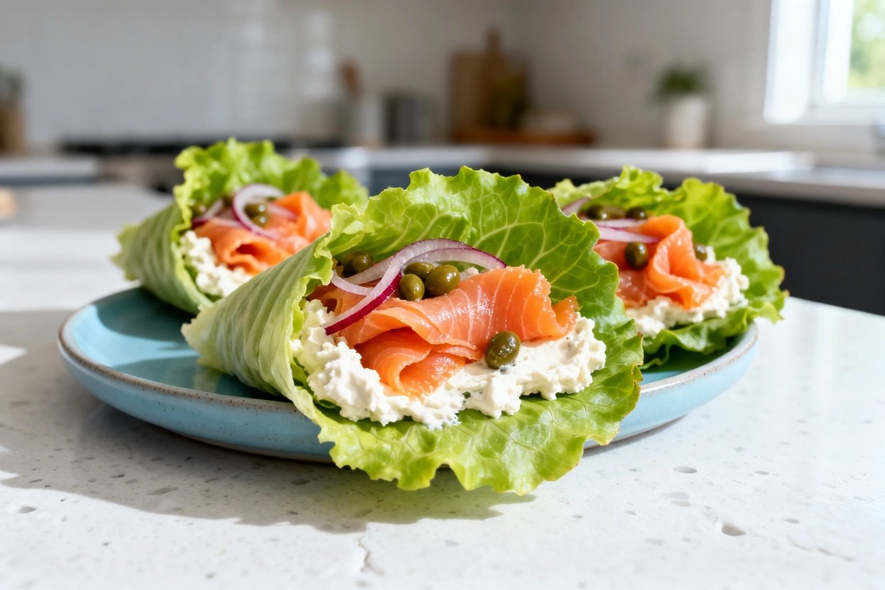 shot (~40–45 degrees) of the same plated smoked salmon lettuce wraps on the same style light blue c