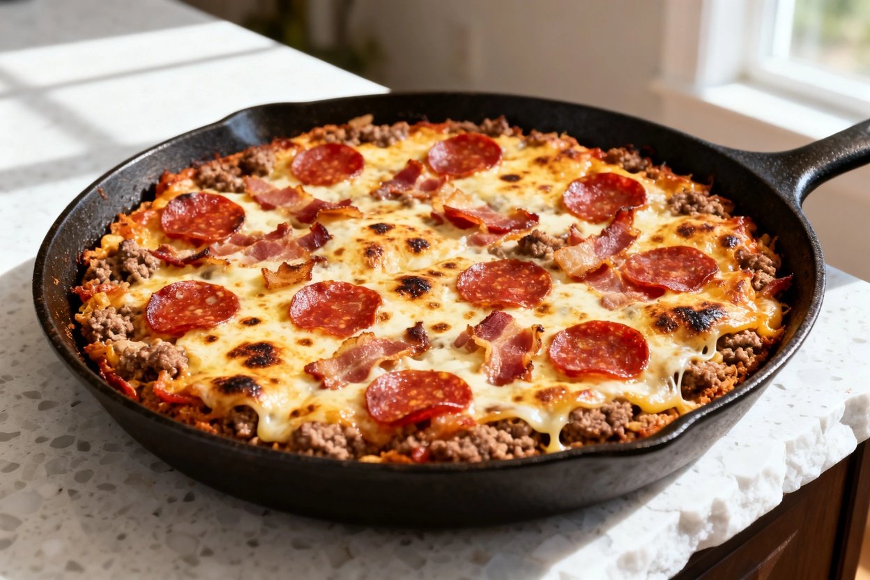 bout 30–40 degrees) realistic food photo of the exact same finished keto meat lovers pizza skillet d
