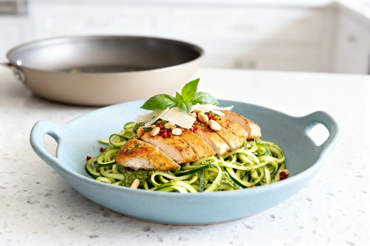 bout 30–40 degrees) realistic food photo of the exact same finished pesto chicken zucchini noodles a