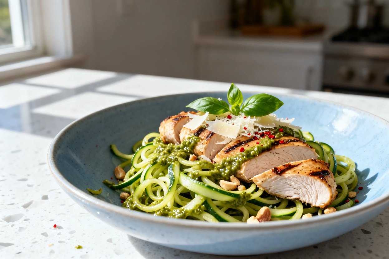 shot (about 30–45 degrees) emphasizing texture of the same finished keto pesto chicken zucchini noo