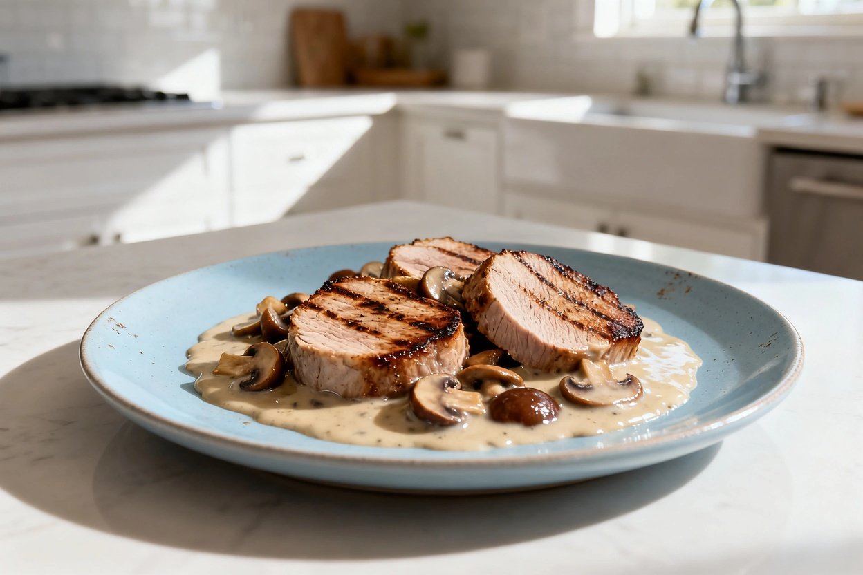 bout 35°) realistic home kitchen food photo of the exact same finished dish and presentation: sliced