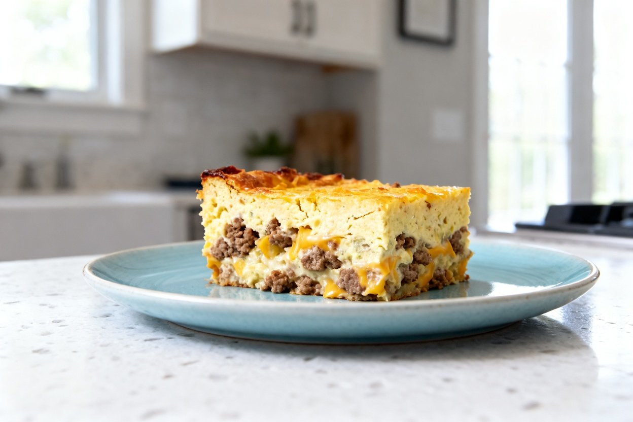 bout 35 degrees) realistic food photograph of the same keto sausage and cheese breakfast casserole, 