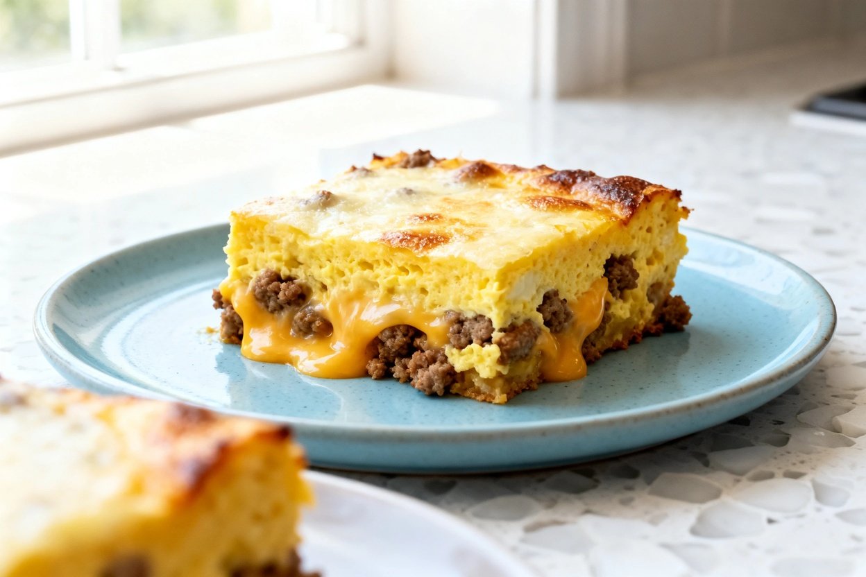  shot (about 40–45 degrees) of the same single square serving of keto sausage and cheese breakfast c