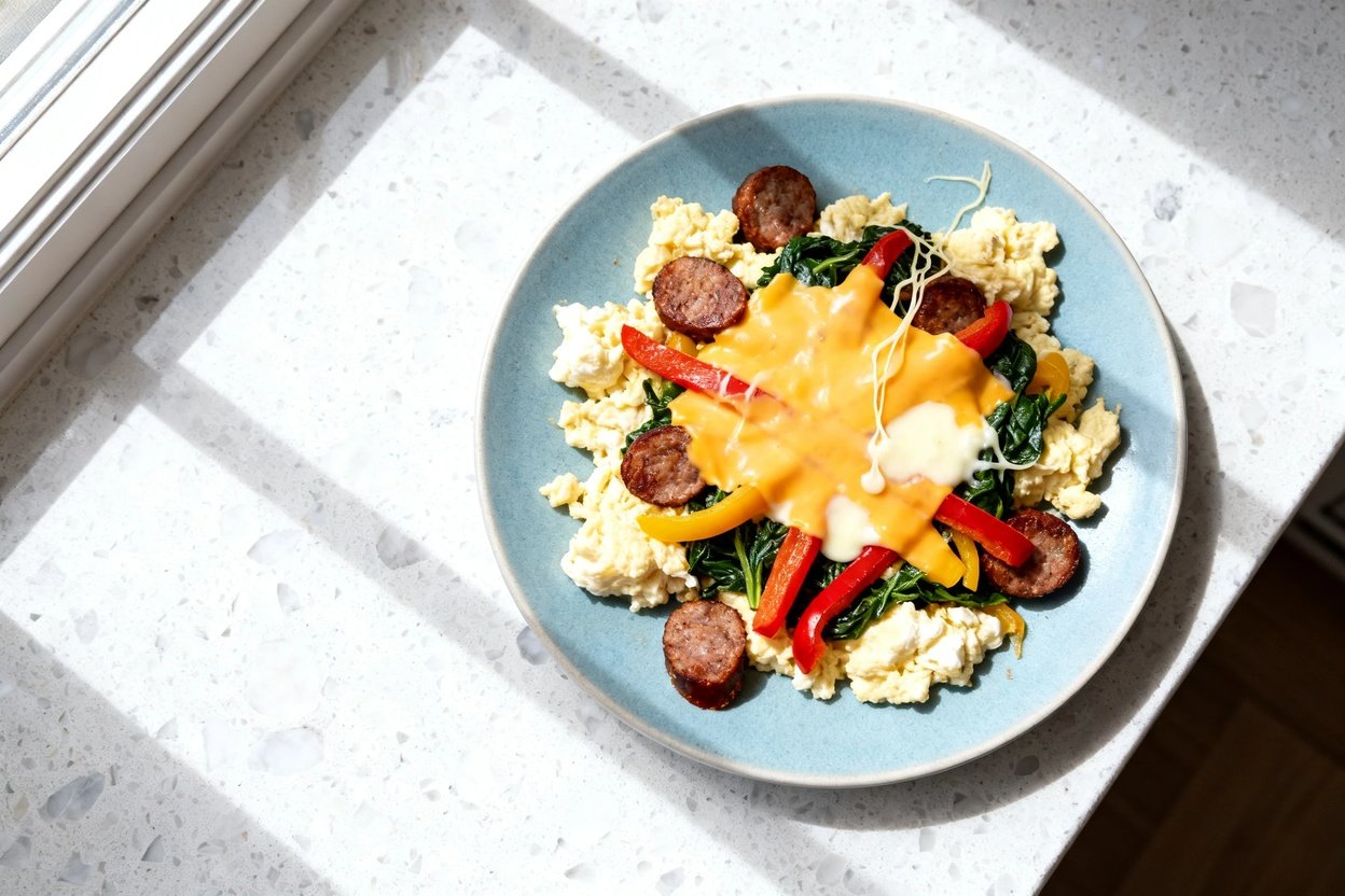top-down food photo of a single serving of a keto sausage breakfast skillet plated on a light blue c