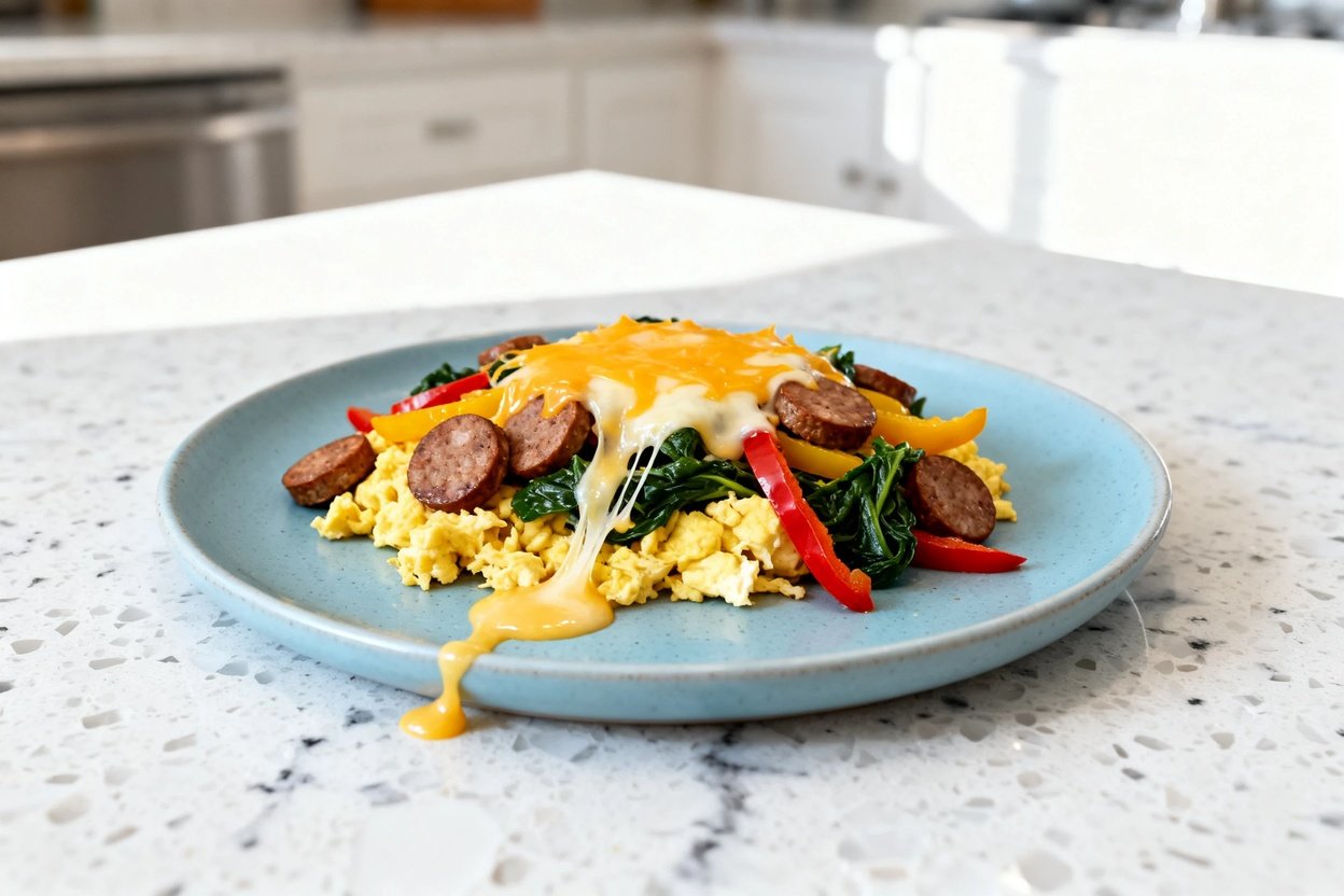 –40 degree perspective photo of the same finished keto sausage breakfast skillet portion and identic