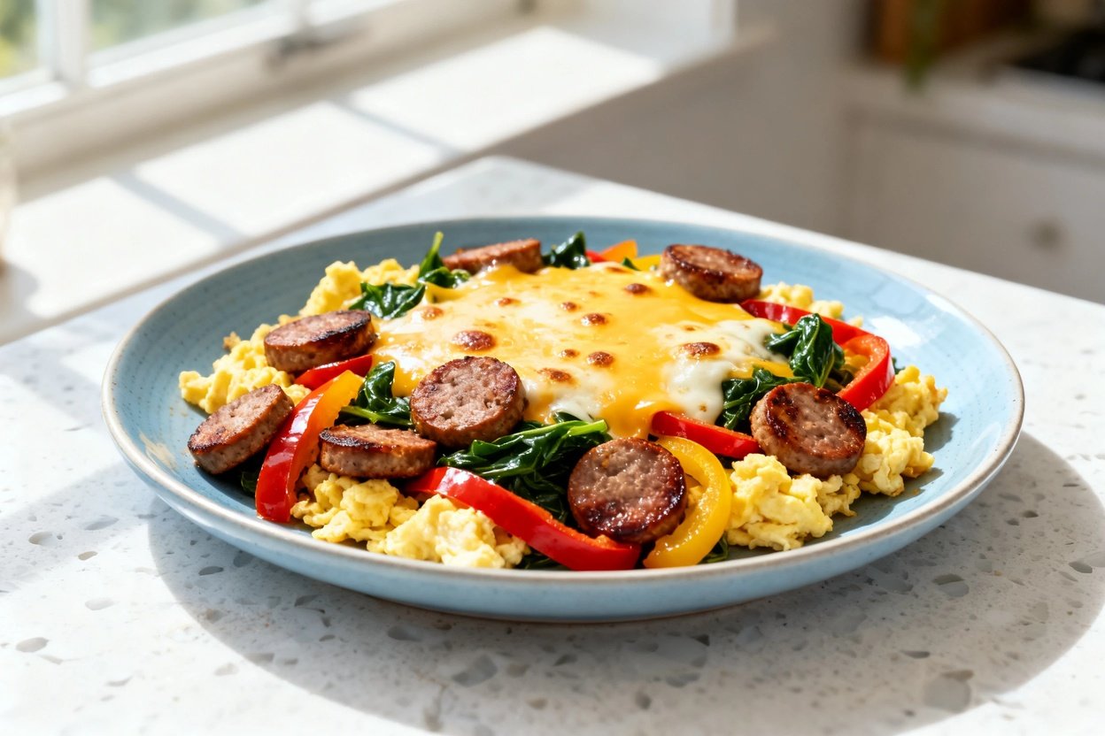  shot at ~30–45 degrees of the same plated keto sausage breakfast skillet on the same light blue cer