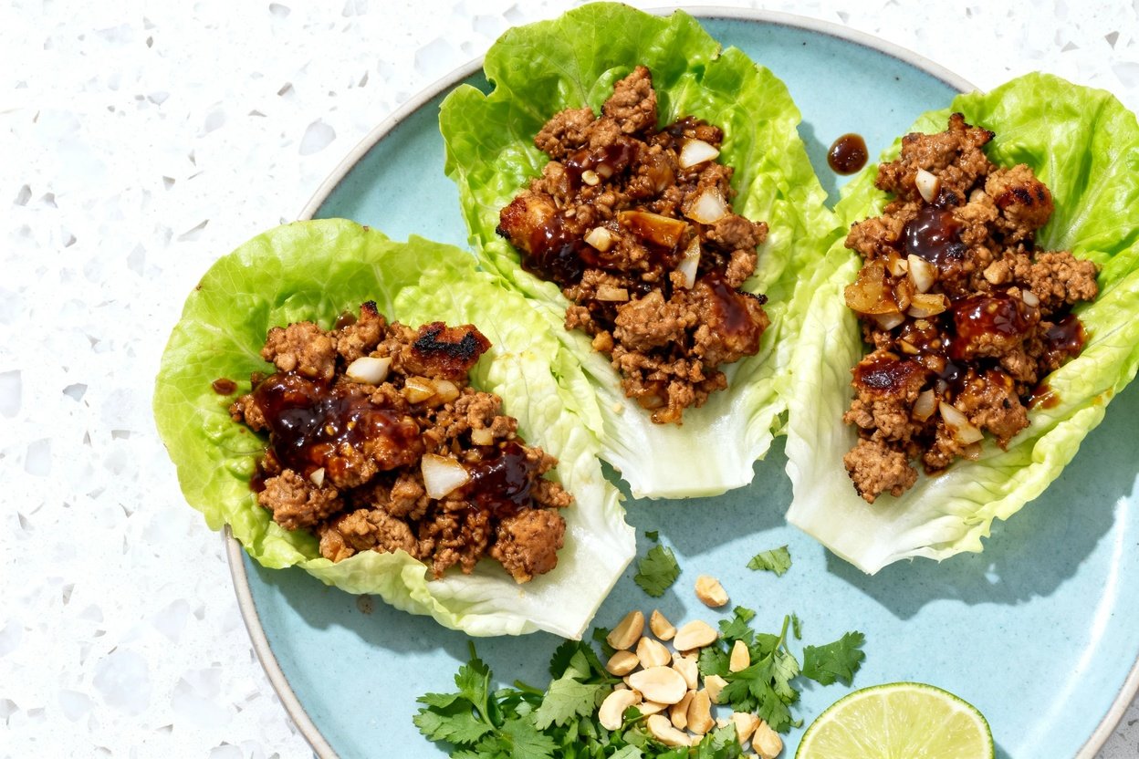 top-down food photo of keto Thai chicken lettuce wraps: three crisp romaine (or butter lettuce) leav