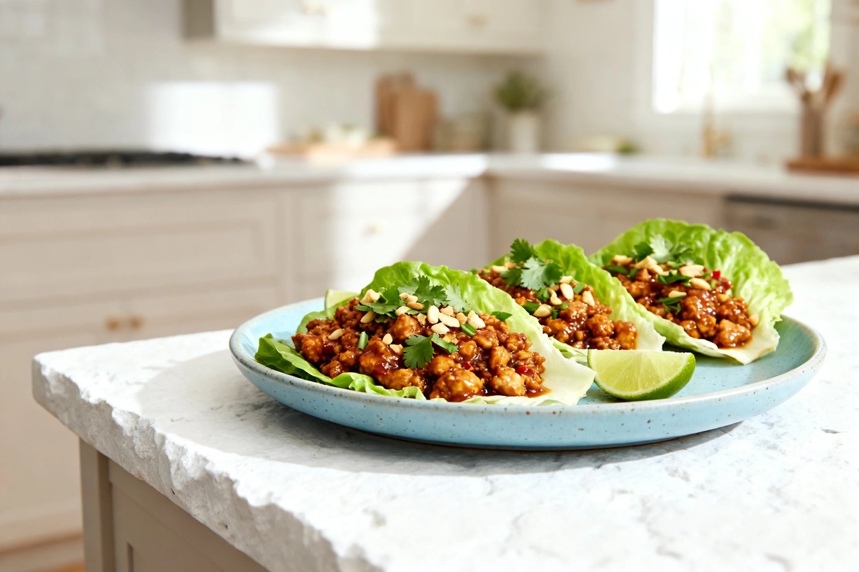 –40 degree photo of the exact same keto Thai chicken lettuce wraps on the same light blue ceramic pl