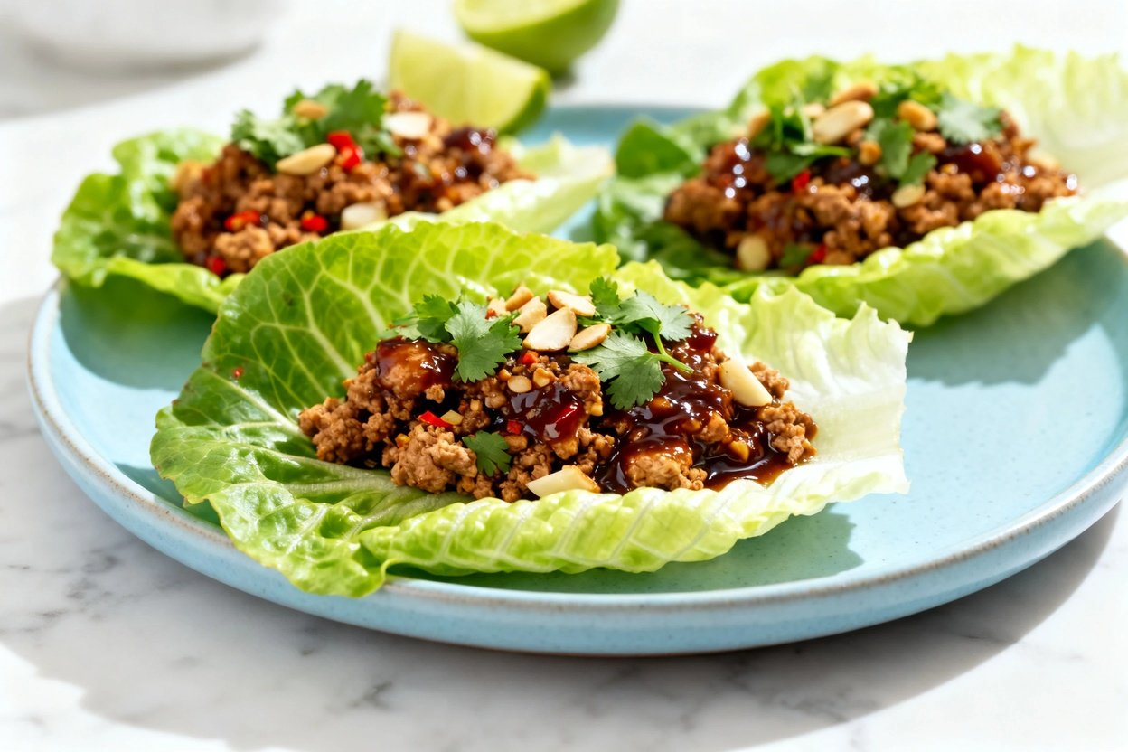 close-up hero shot focusing on texture of the same keto Thai chicken lettuce wraps on the same light
