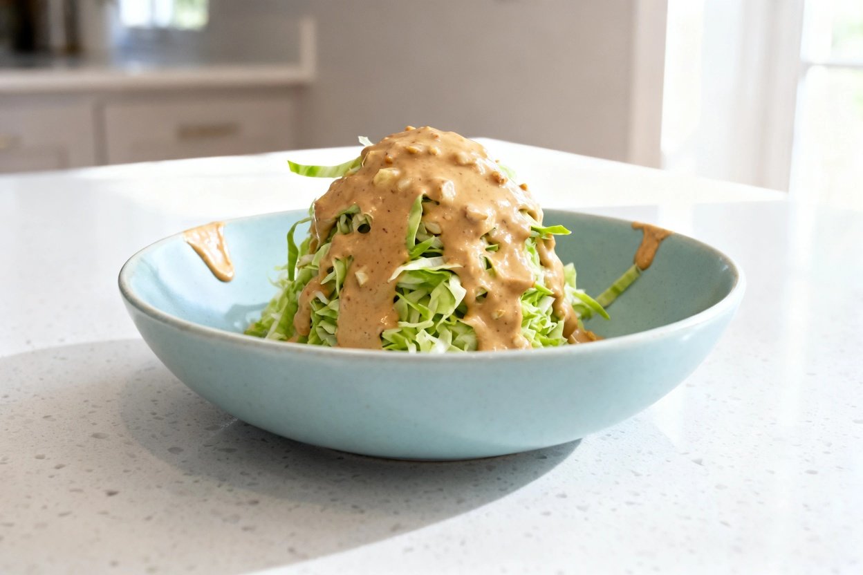–40 degree camera view of the exact same finished Keto Thai Peanut Cabbage Salad, same portion size