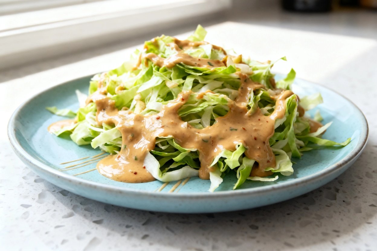 shot at approximately 30–45 degrees of the same finished Keto Thai Peanut Cabbage Salad plated on t
