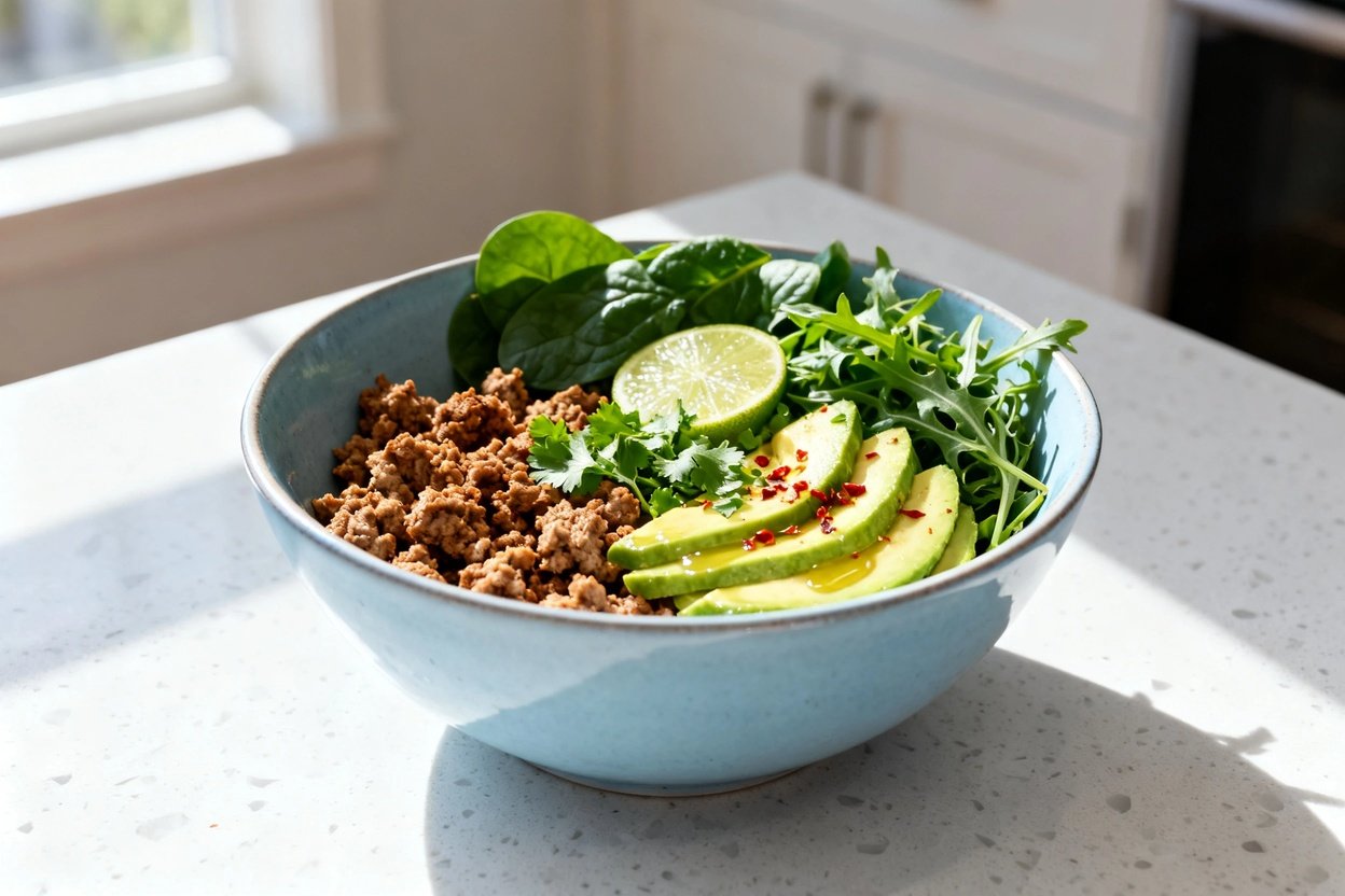 0–40 degree) realistic food photo of the exact same finished keto turkey and avocado lunch bowl, sam