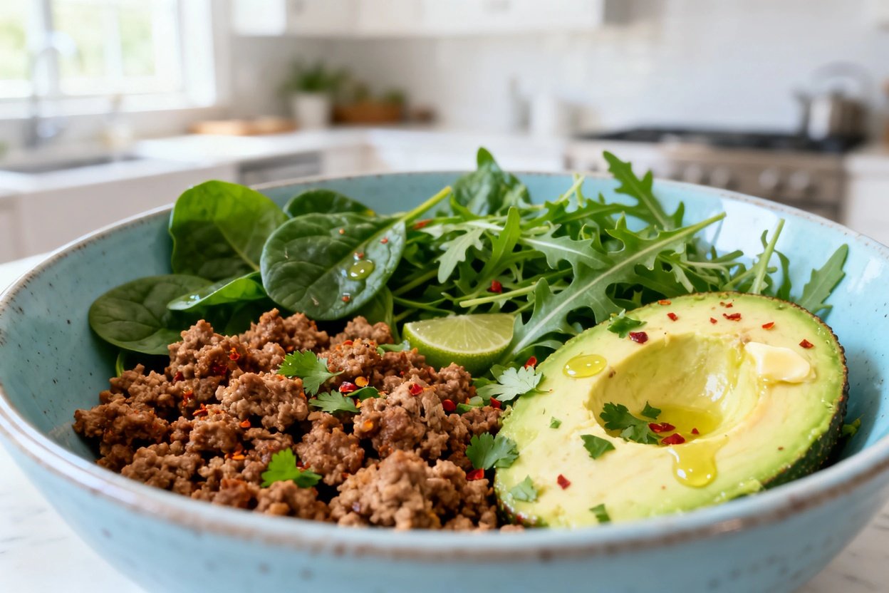  shot (30–45 degree) of the same plated keto turkey and avocado lunch bowl on the same white stone c