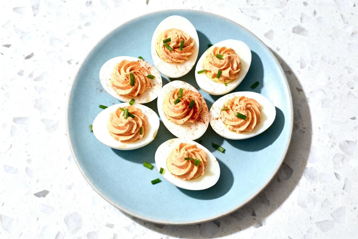 top-down food photograph of Spicy Keto Sriracha Deviled Eggs: a single serving of 6 deviled egg halv