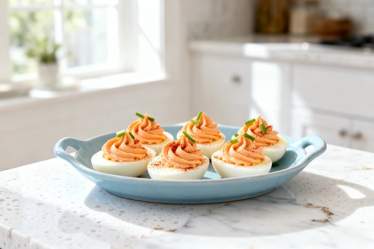 0–40 degrees) realistic food photo of the exact same finished Spicy Keto Sriracha Deviled Eggs: the