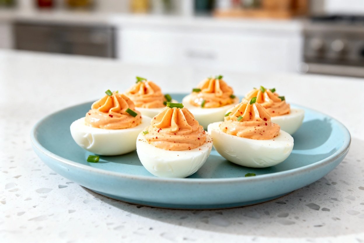  shot (30–45 degrees) of the same plated Spicy Keto Sriracha Deviled Eggs on the same light blue cer