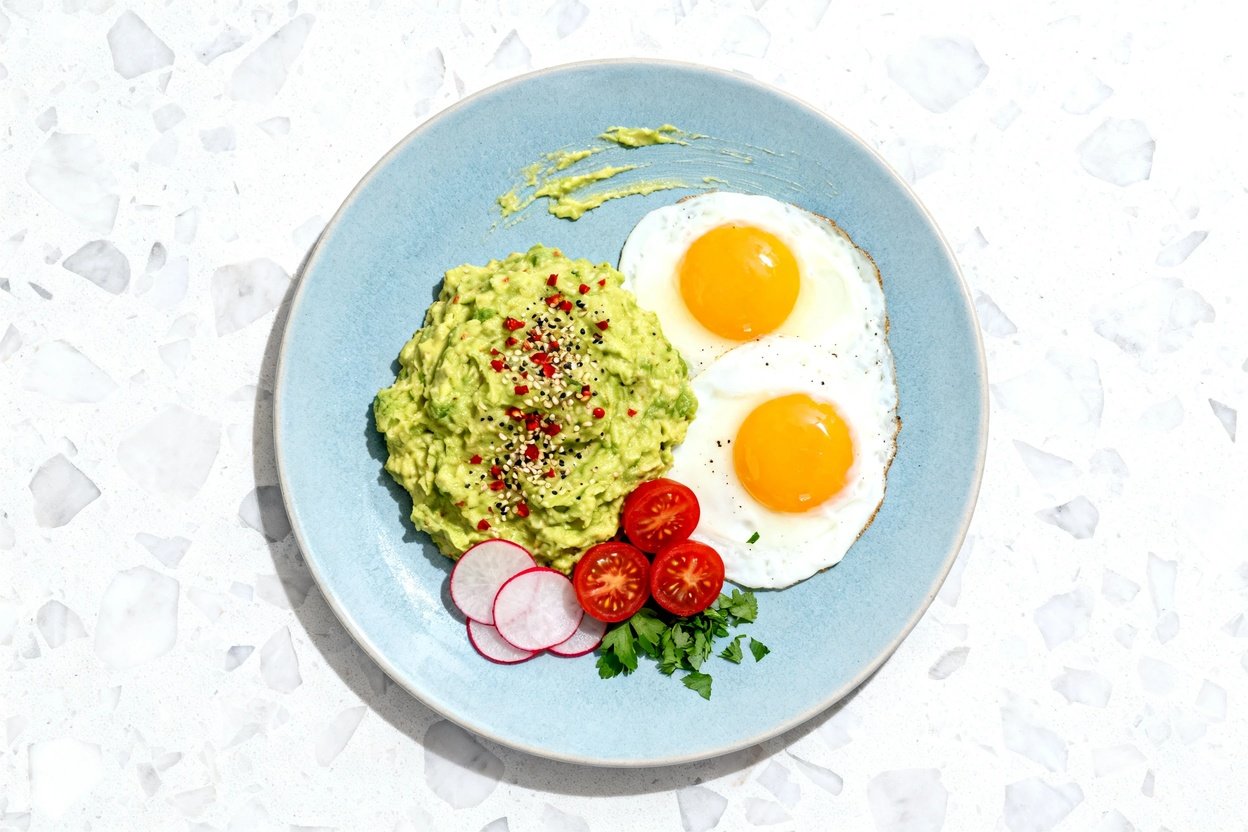 top-down food photo of a keto-friendly avocado smash breakfast: a light blue ceramic plate holding a