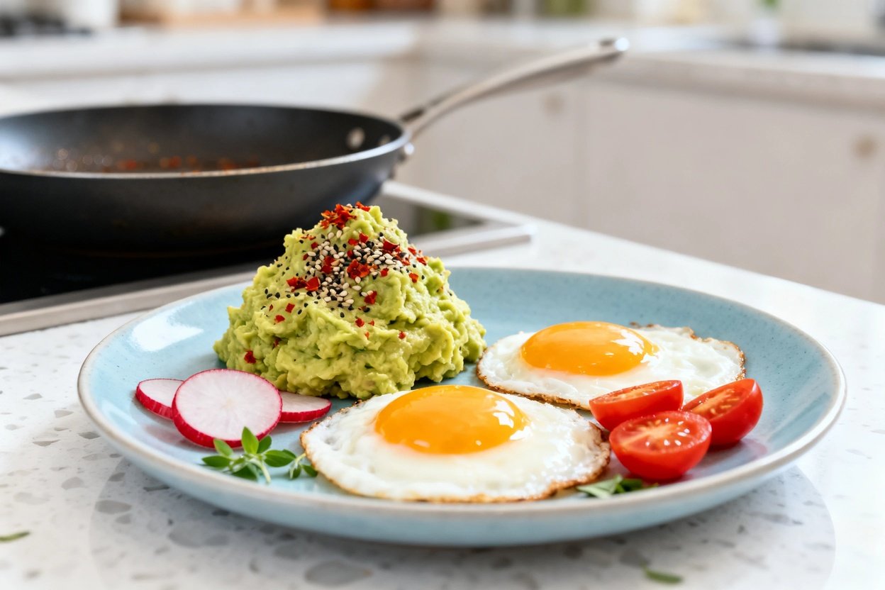 –40° camera view of the same finished keto avocado smash breakfast from the same cooking session, sa