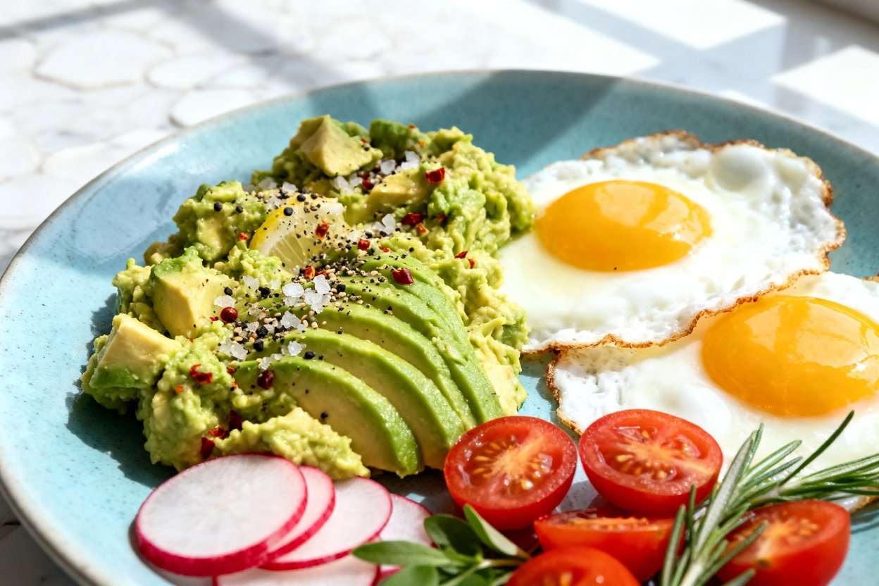  shot at 30–45° of the same plated keto-friendly avocado smash breakfast on the same light blue cera