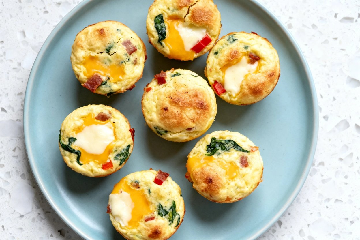 top-down food photo of a single serving of finished keto egg muffins: six standard-size egg muffins