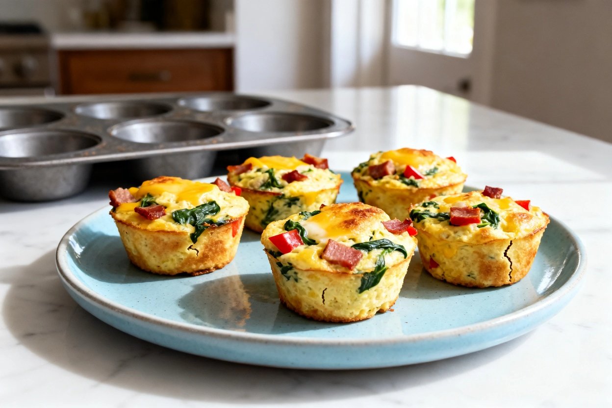 bout 30–40 degrees) realistic food photo of the same finished keto egg muffins from the same cooking