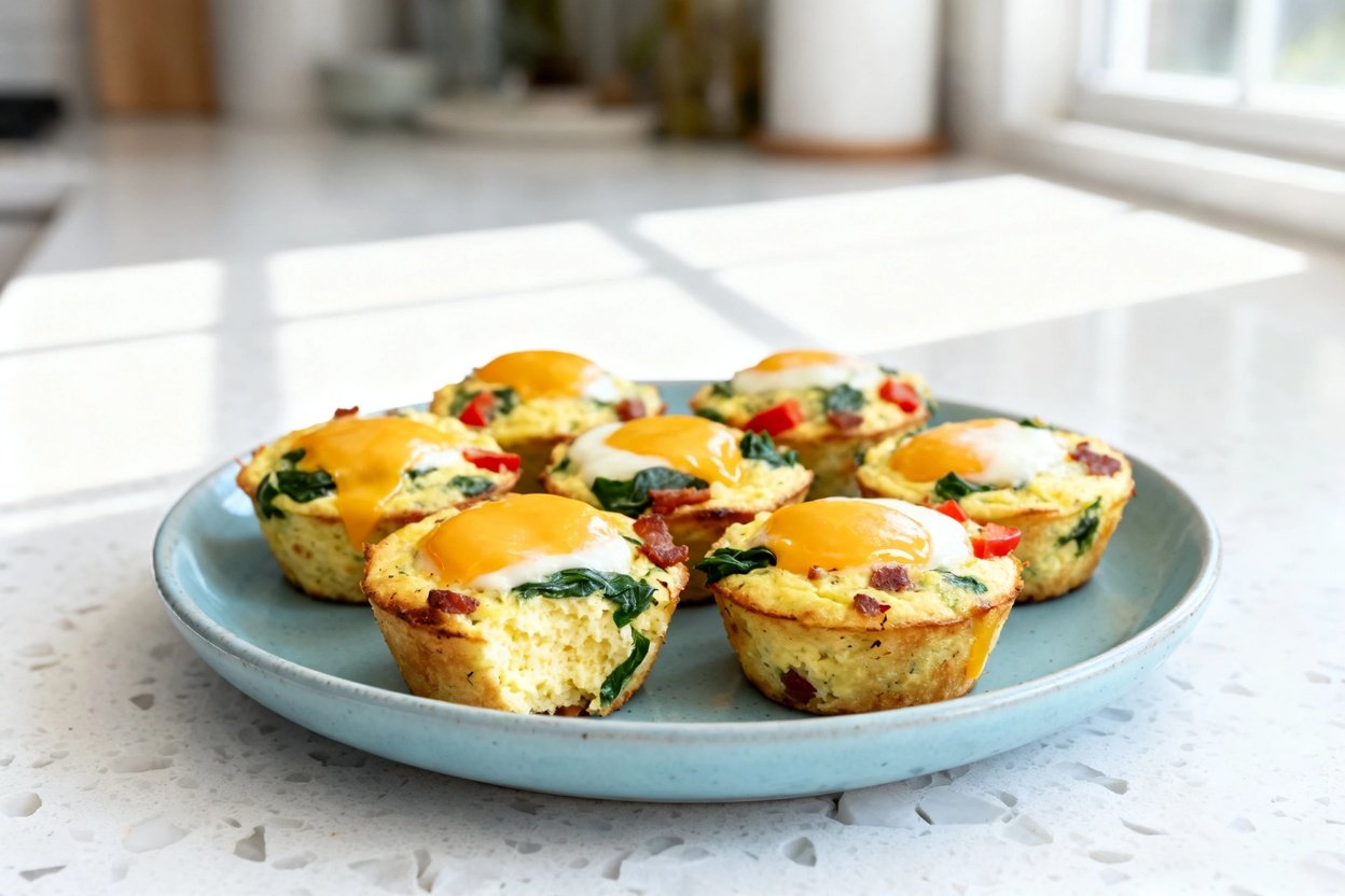 shot (about 30–45 degrees) emphasizing texture of the same finished keto egg muffins: bring the cam