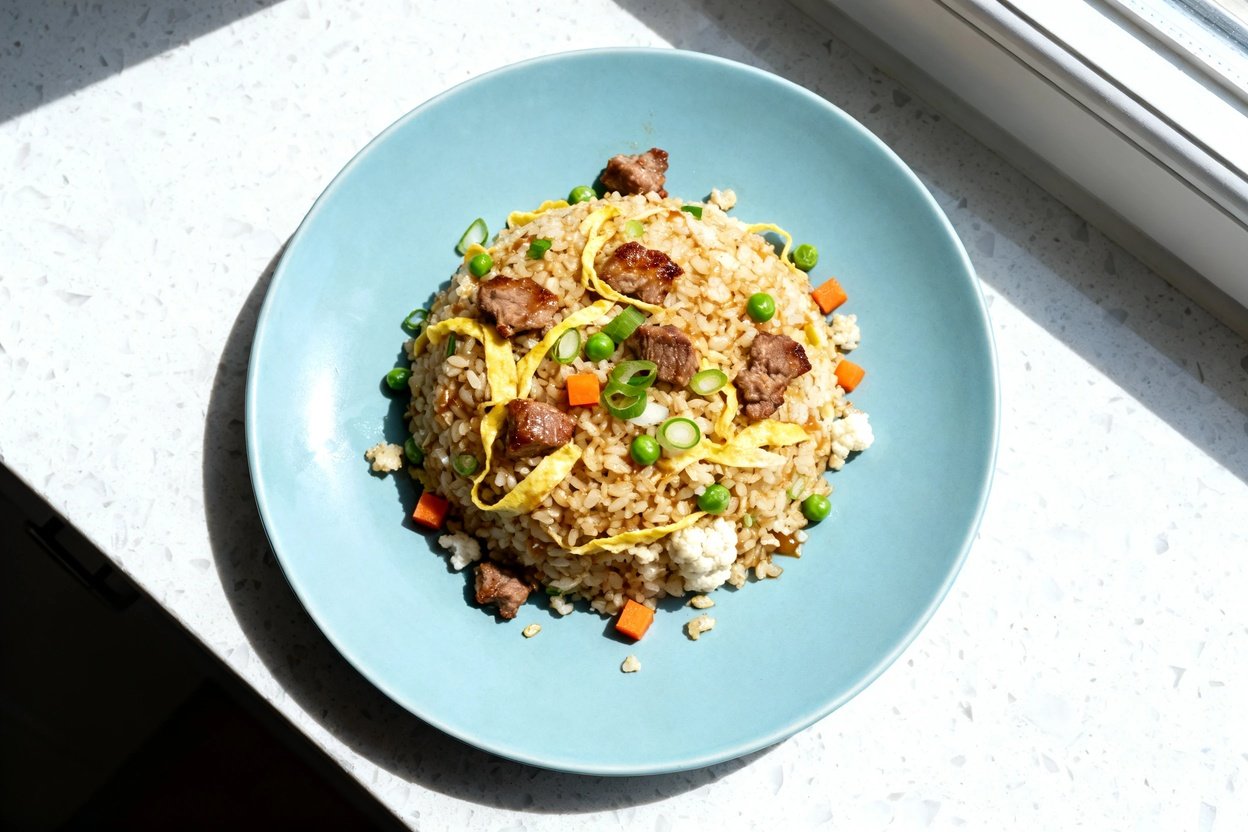 top-down food photo of a single serving of low carb pork fried cauliflower rice on an identical ligh
