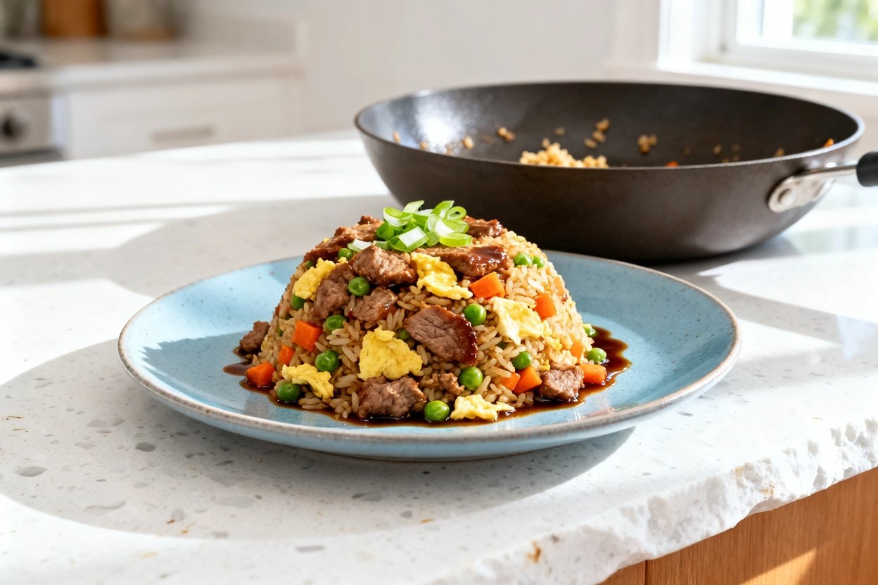 –40° camera perspective of the same finished low carb pork fried cauliflower rice, same portion size