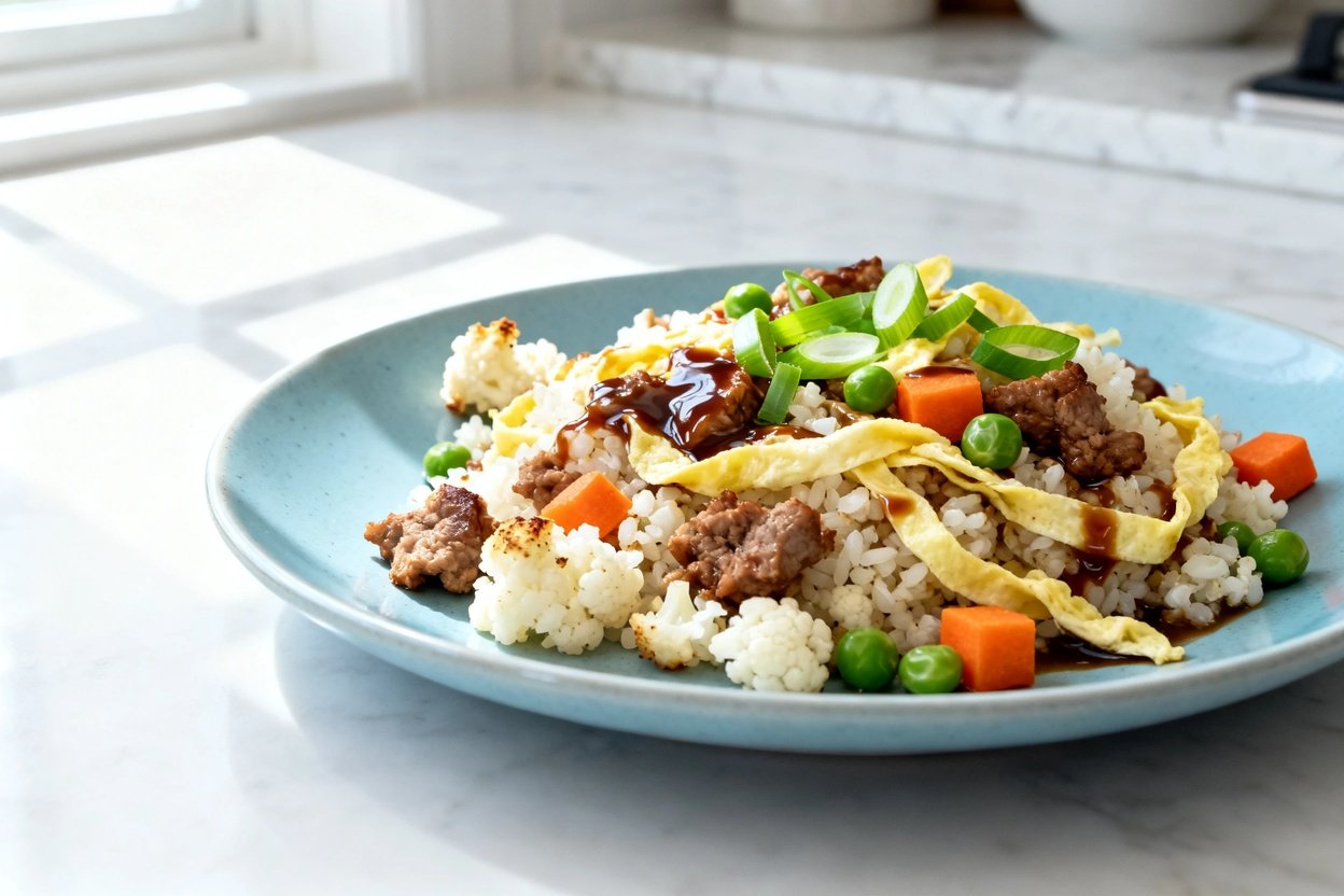  shot at 30–45° of the same plated low carb pork fried cauliflower rice on the identical light blue 