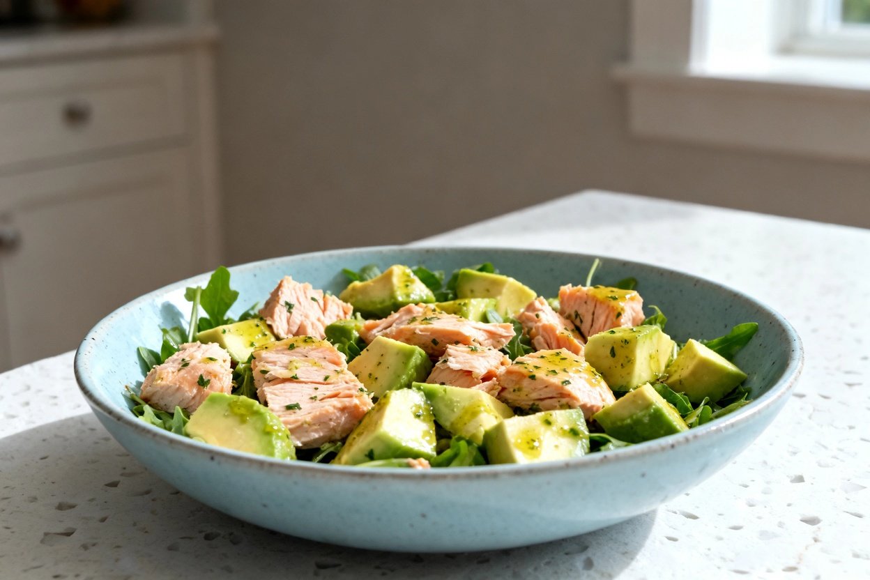 –40 degree perspective of the exact same finished Salmon Avocado Salad (same portion size and same f