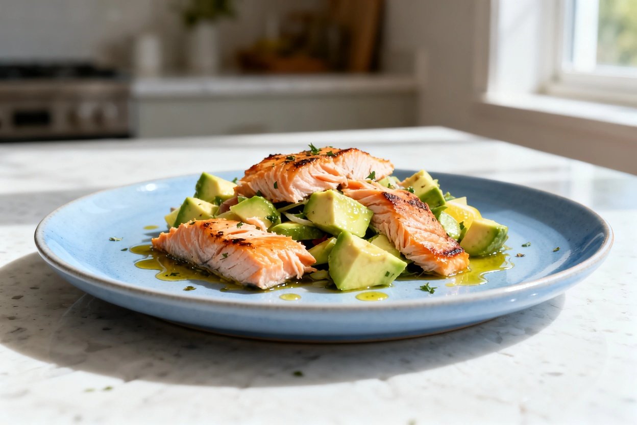  shot at approximately 35–45 degrees of the same plated Salmon Avocado Salad on the same light blue 