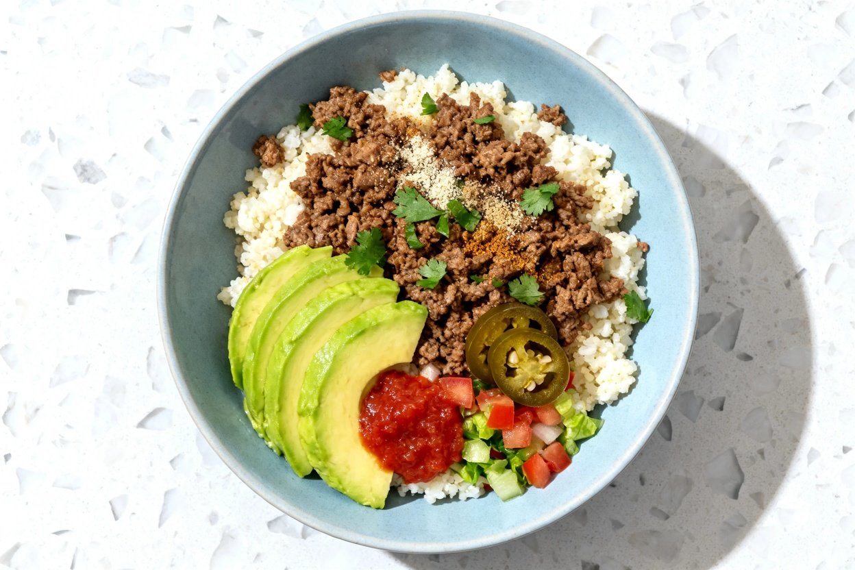 top-down food photo of a finished Low Carb Turkey Avocado Bowl, single serving on a light blue ceram