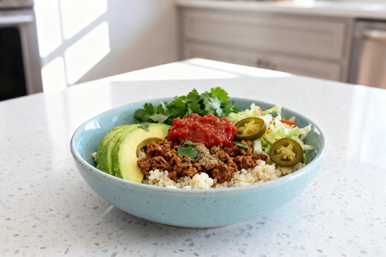 bout 30–40 degrees) realistic food photo of the exact same finished Low Carb Turkey Avocado Bowl, sa