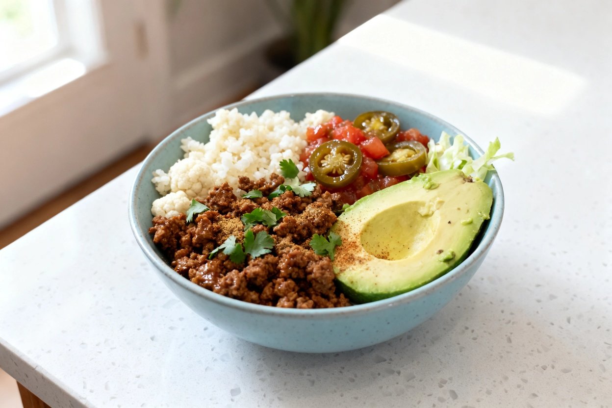  shot (about 30–45 degrees) of the same finished Low Carb Turkey Avocado Bowl on the same light blue