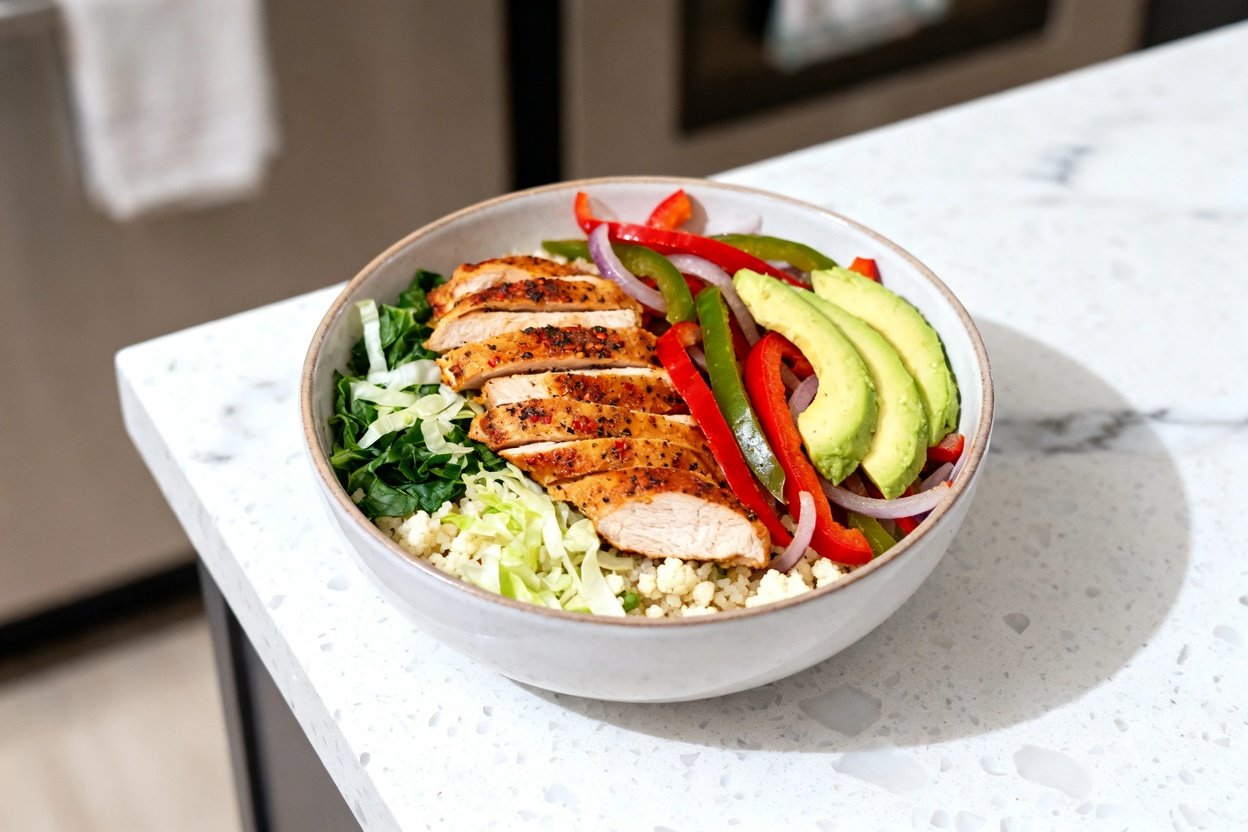 mera perspective (~35 degrees) showing the exact same finished keto chicken fajita meal prep bowl (s